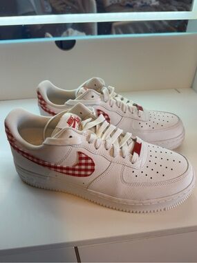 Nike White Sneakers with Red Gingham Swoosh